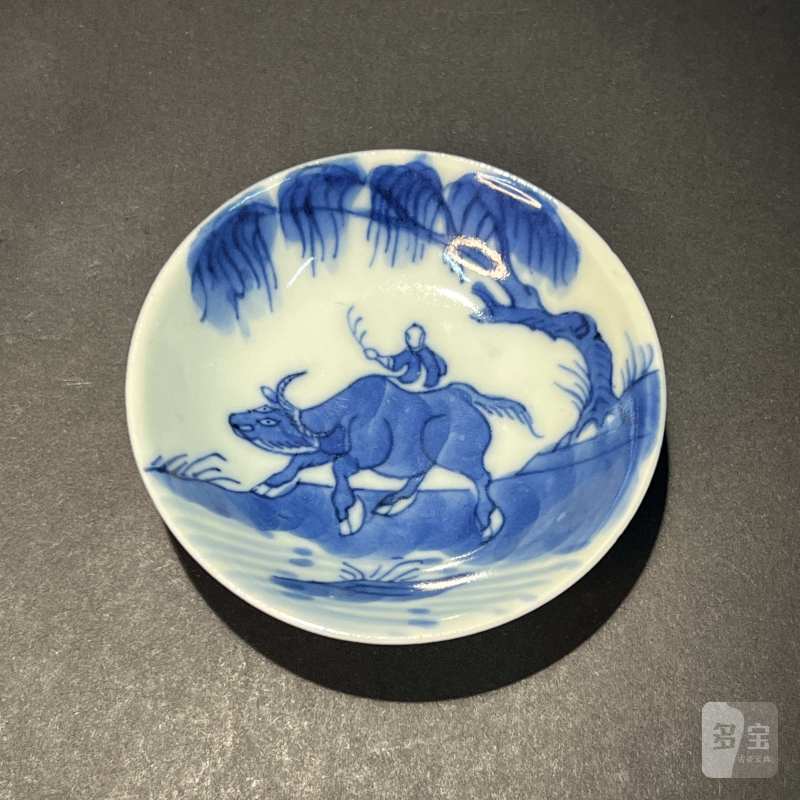 清 青花童子牧牛纹小盘